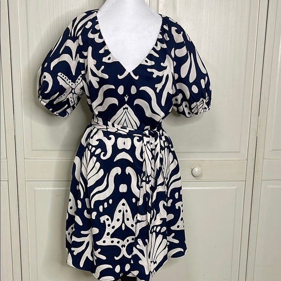 Alex Marie Womens Allison Satin Shell Print Crepe Short Sleeve A-Line Dress Sz M - Picture 2 of 16